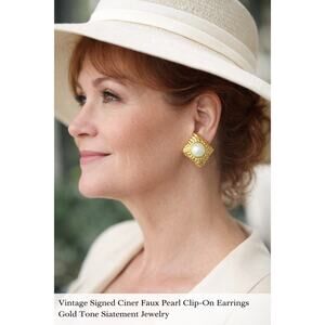 Vtg signed Ciner Pearl Clip-On Earrings Gold Statement Square